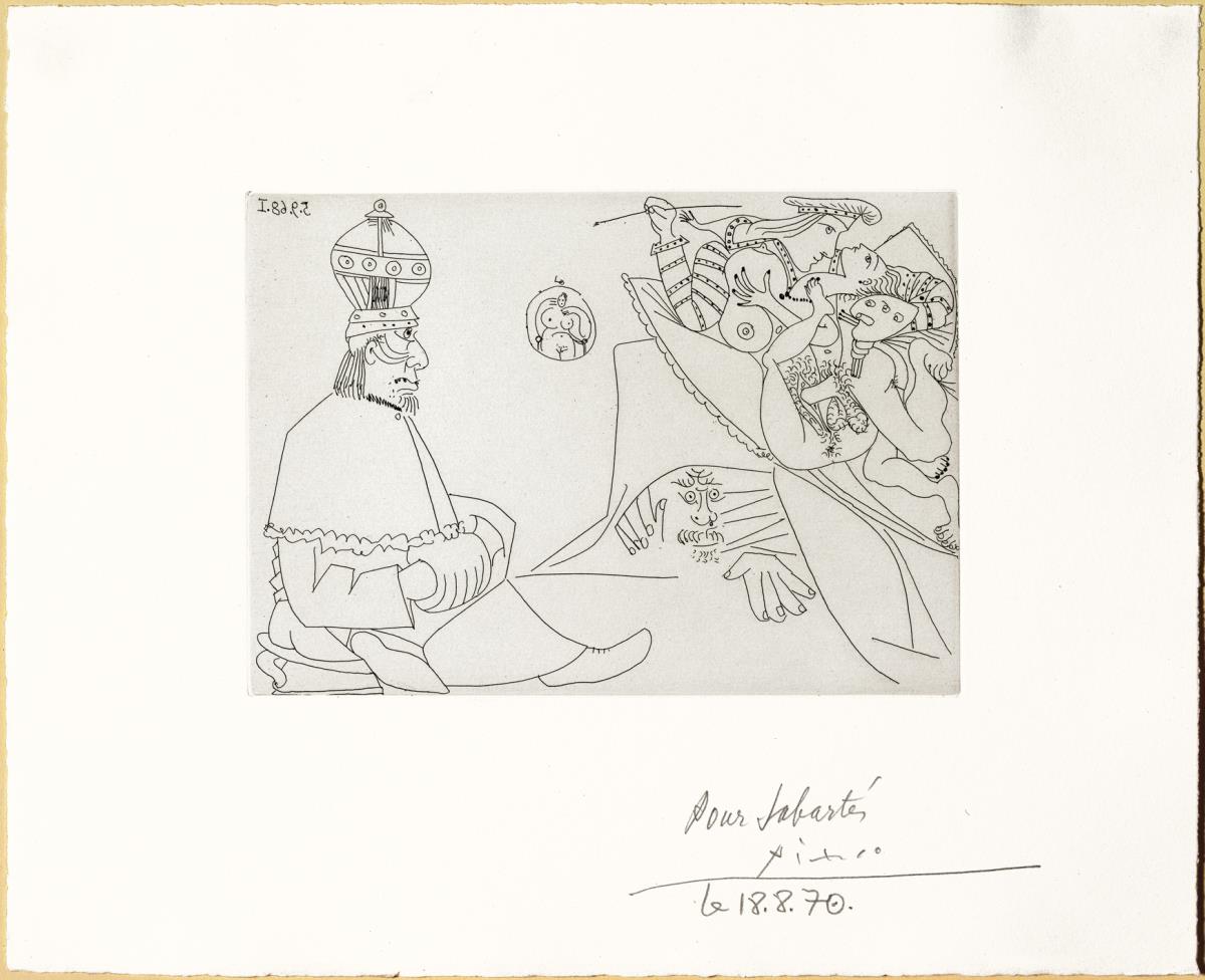 Rafael y la Fornarina. XIX: el Papa en su orinal, con tiara y manguito; Miguel Ángel está escondido debajo de la cama