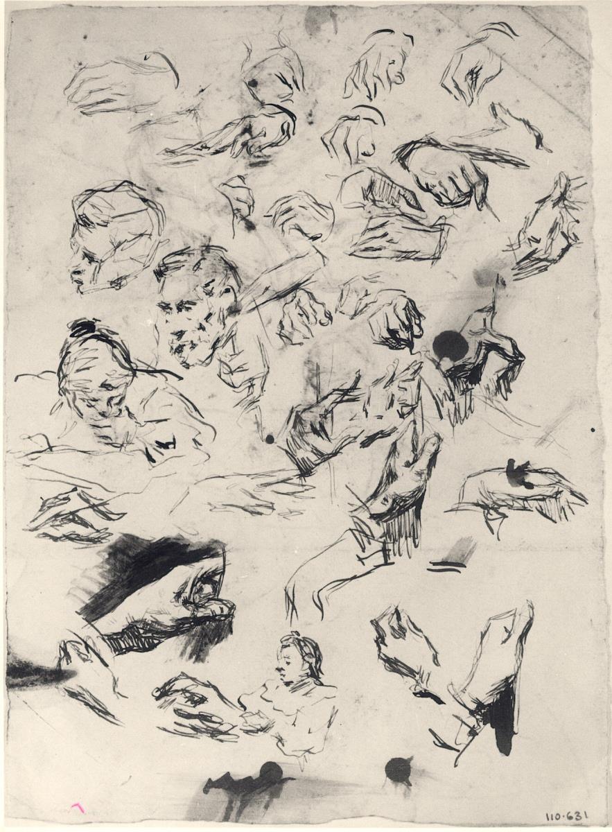Estudio de manos, y croquis de los padres y hermana del artista