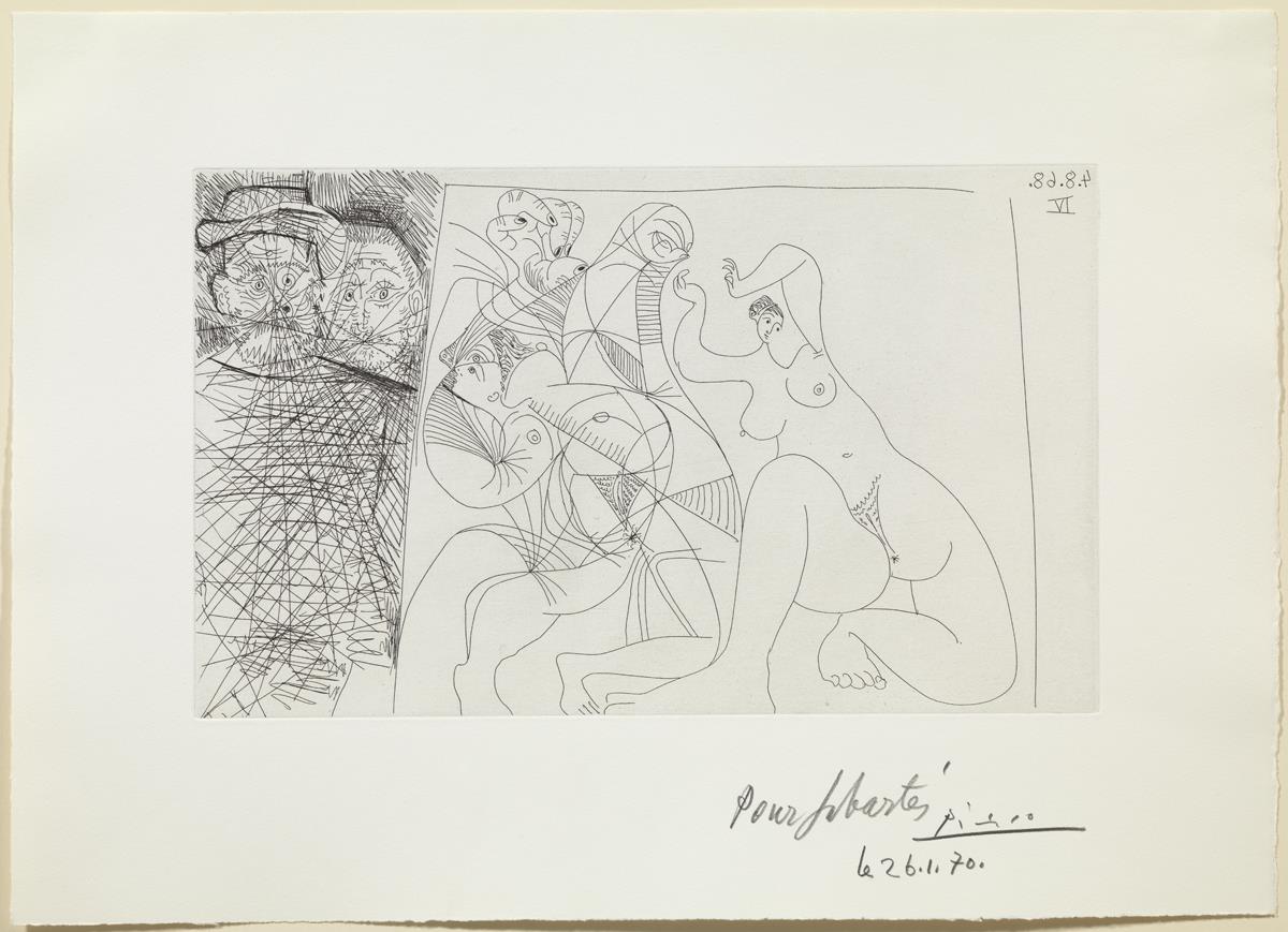 Tela representando a unas bacantes y espectadores, uno de ellos con un sombrero rembrandtesco