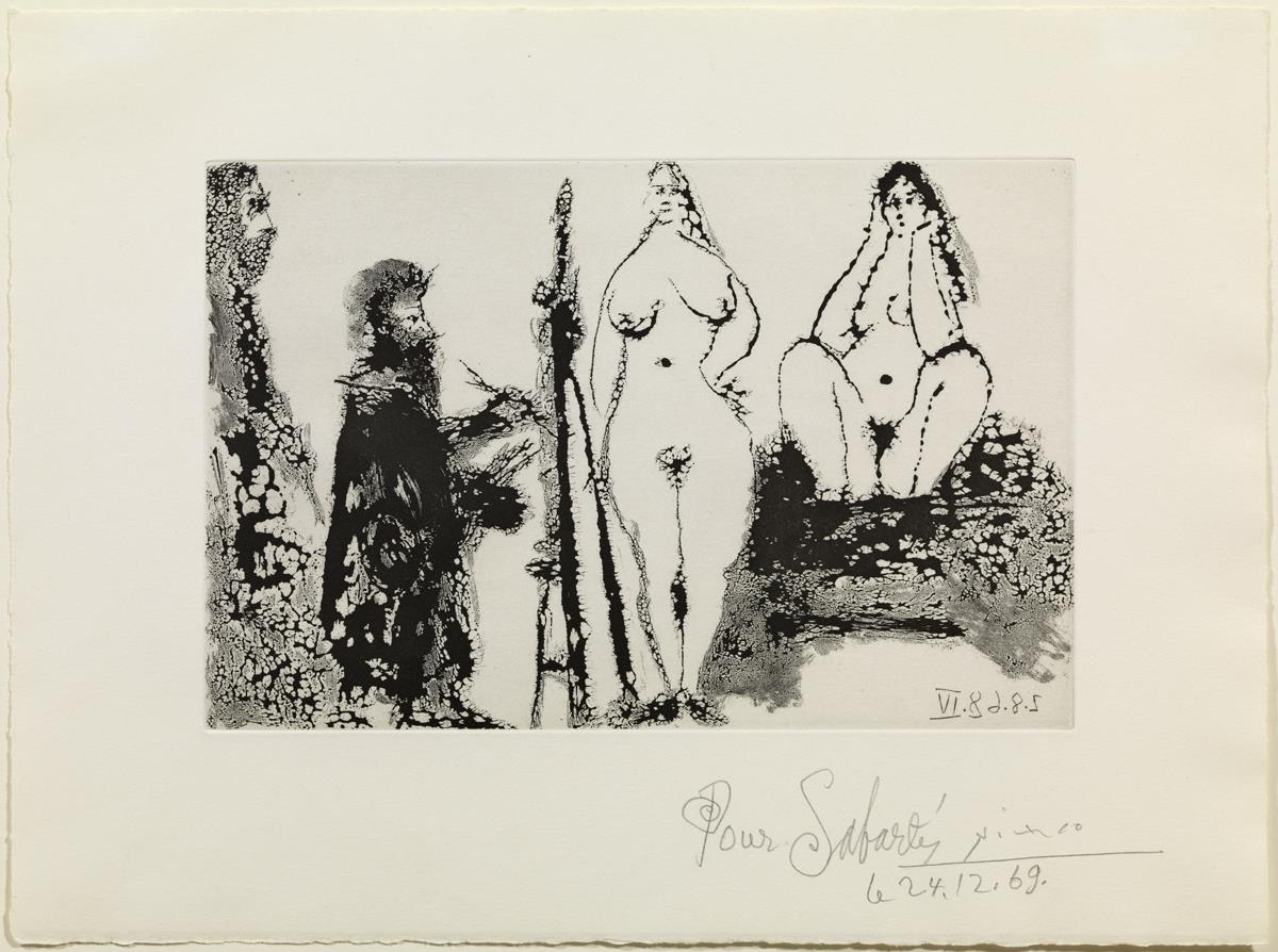 Pintor barbudo con bata, con dos mujeres desnudas y una visita