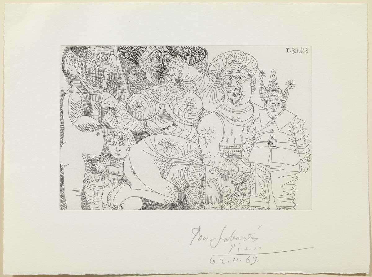 Mujer con tocado y clavel, hombre con turbante, payaso, "putto"  y espectador