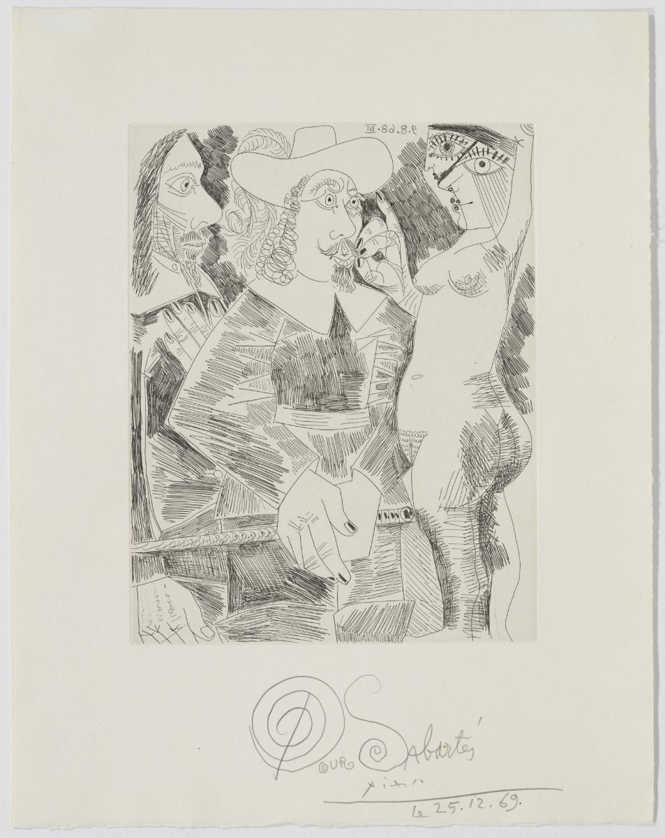 Mujer joven estirándole el bigote a un gentilhombre que juega con su bastón