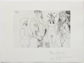 Two Women, One Sitting on a Sculptor's Turntable, an Owl, Don Quixote, a Gentleman from "The Burial of the Count of Orgaz", and a Conquistador