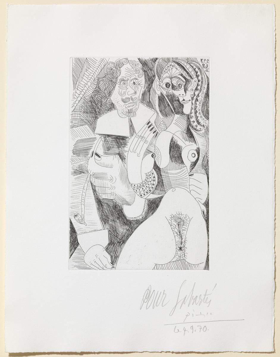 Hombre rembrandtesco con pipa y meretriz