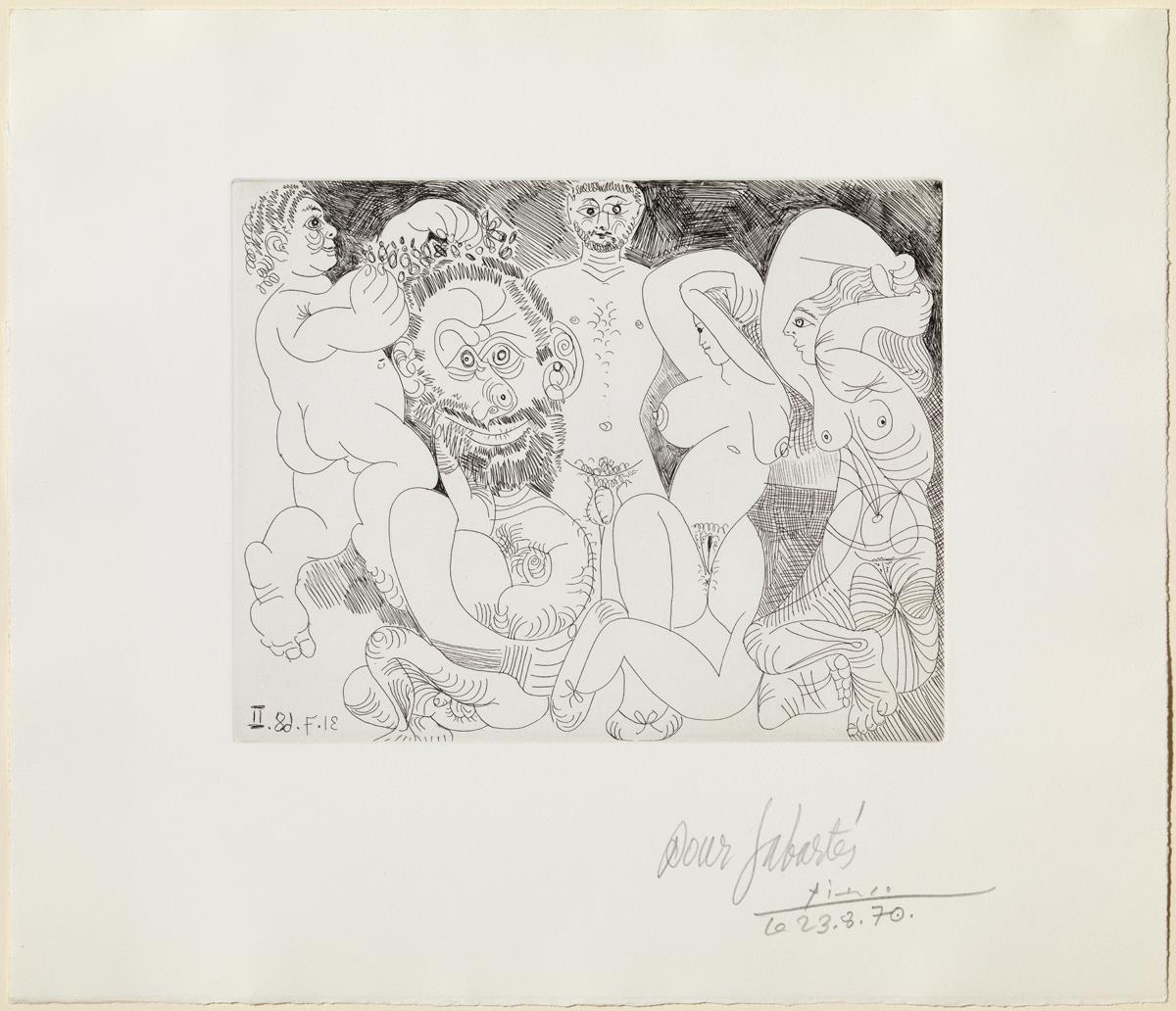 Escena campestre, con un hombre barbudo coronado de flores por un "putto", y mujeres