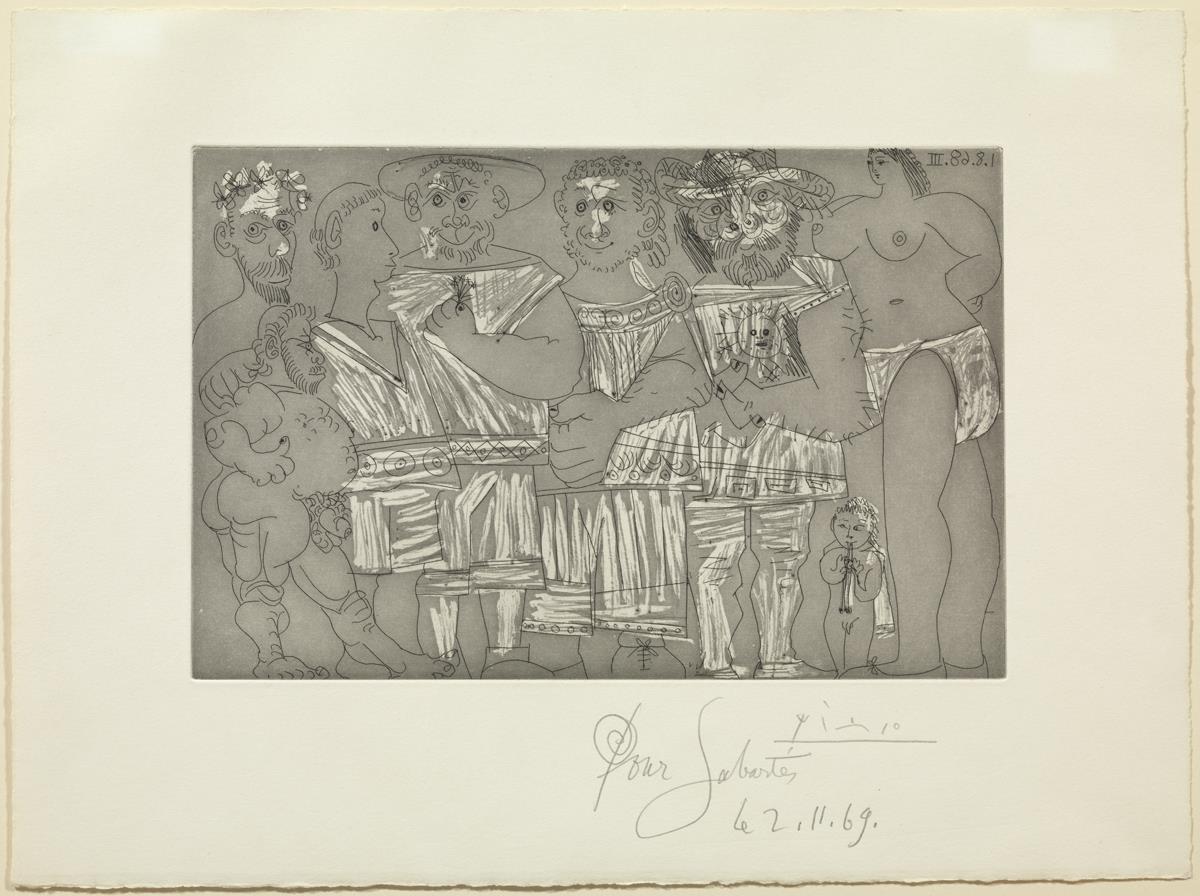 Bather and Flautist Putto, and Men in Bathing Suits