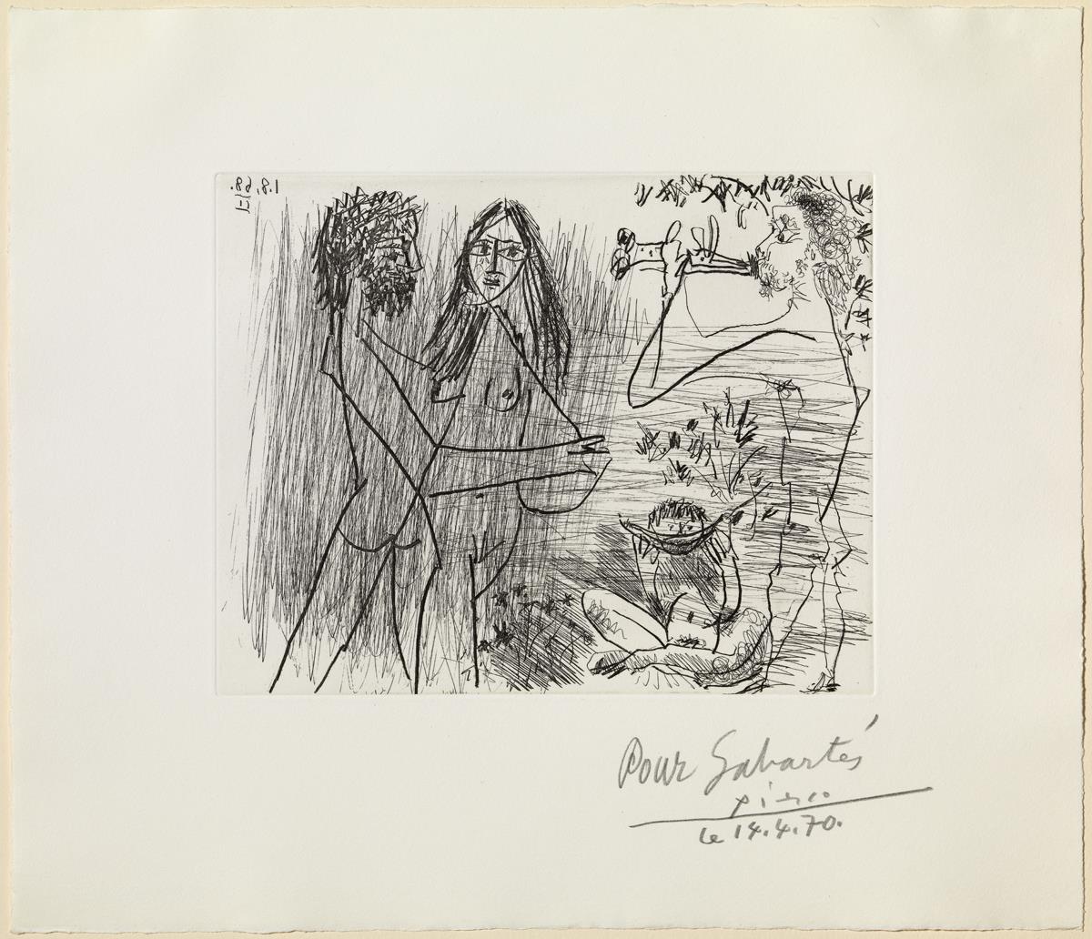 Escena pastoril: enamorados, flautista y hombre que come sandía