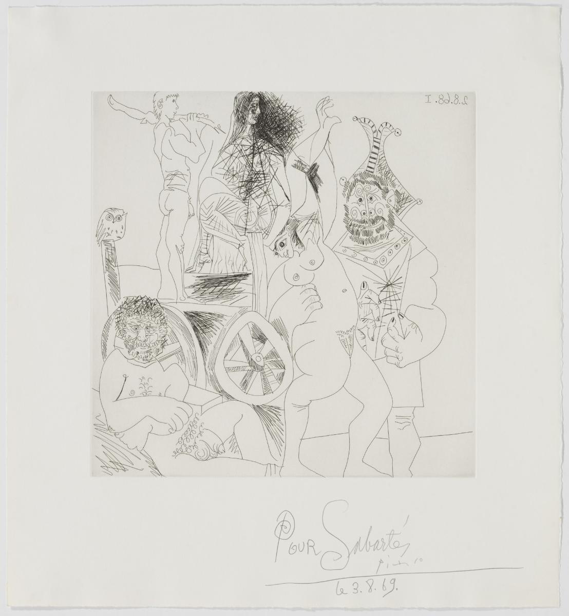 Parada de comediantes ambulantes con búho, y bufón abrazando a una mujer