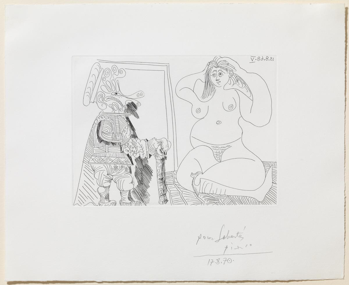 Naked Woman Sitting Cross-Legged and Grotesque Figure with Hand on Chest