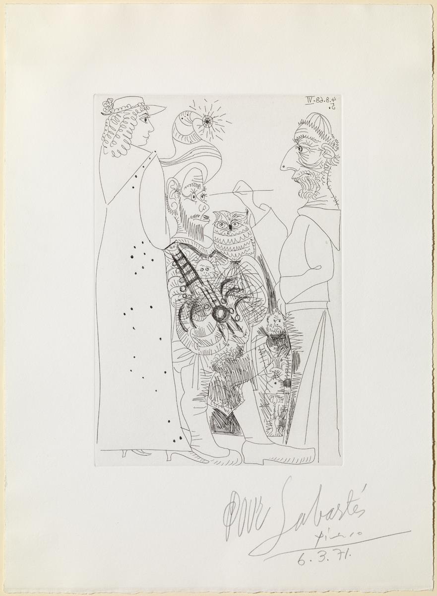 Monjo pintor i penitent, guitarrista amb mussol, i espectador menut