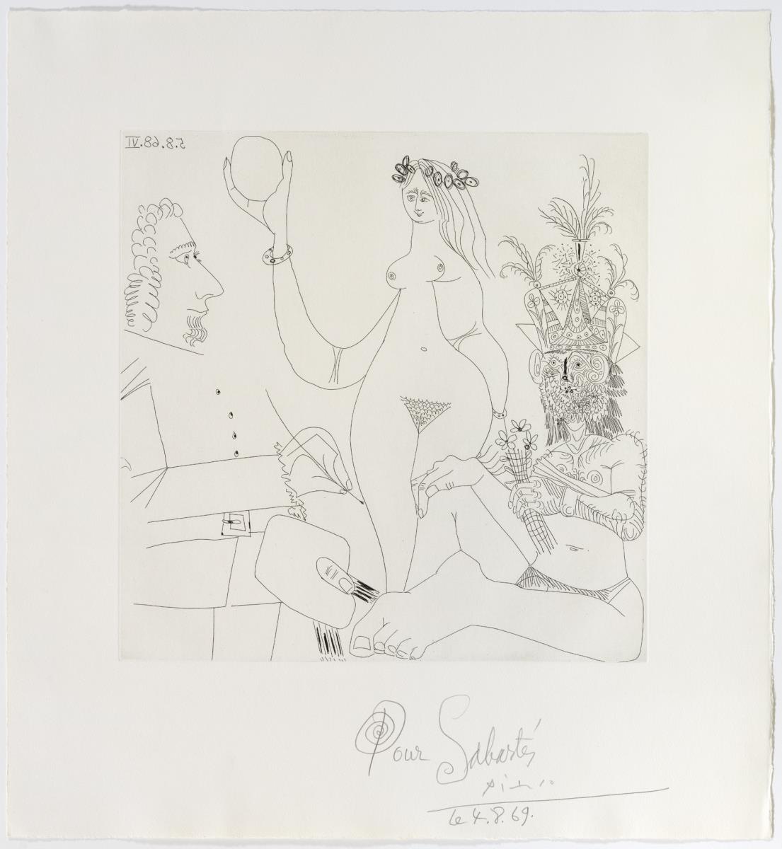 Pintor davant d'una de "Les tres gràcies" de Rafael, i home silvestre amb barret de festa