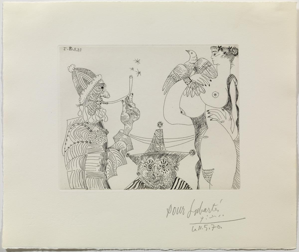 Sueños de opio: fumador con solideo papal descubriendo el misterio de la trinidad en los pechos y la paloma de una mujer, con un bufón de gorro triangular detrás