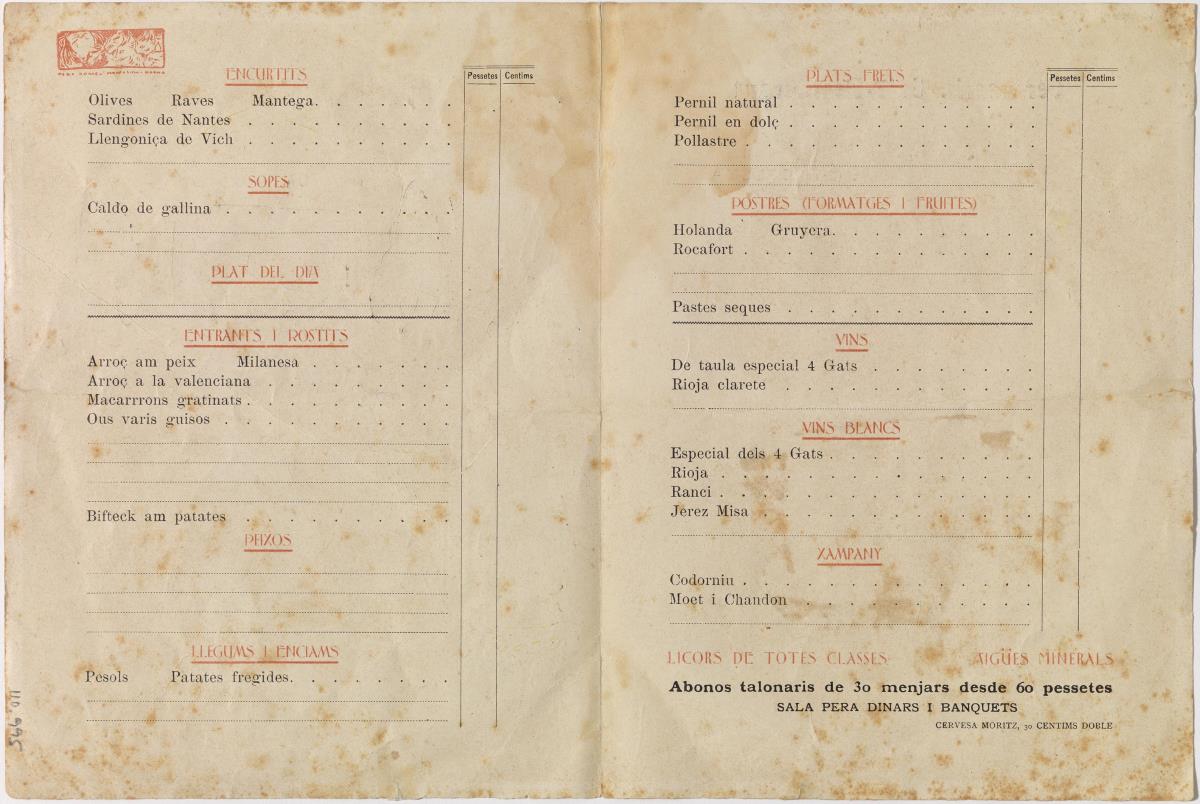 Menu for Quatre Gats