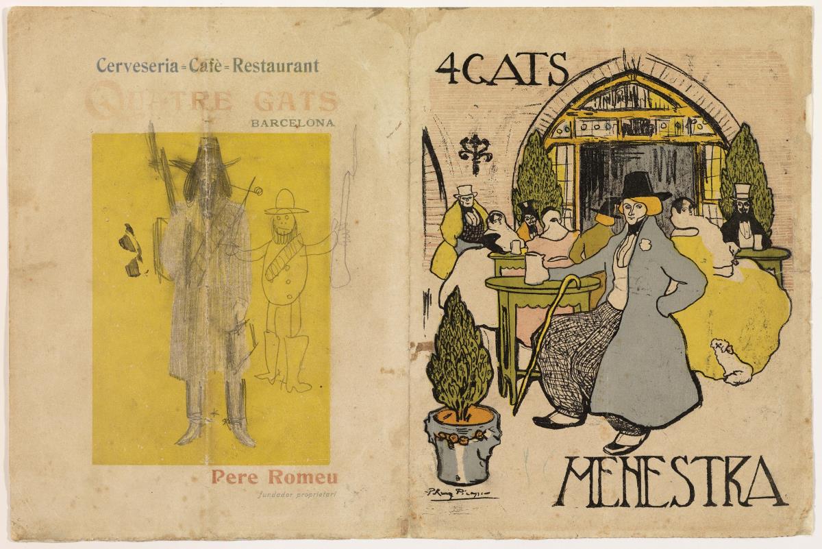 Pere Romeu caricaturitzat de bòer, i altres croquis (menú de Quatre Gats)