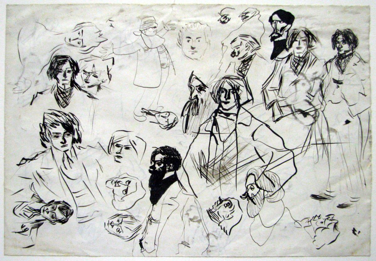 Autoretrato y croquis de diversos personajes