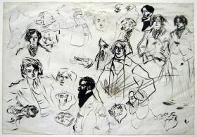Autoretrato y croquis de diversos personajes