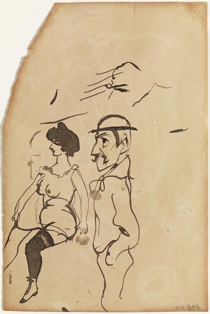 Dona asseguda i home de perfil