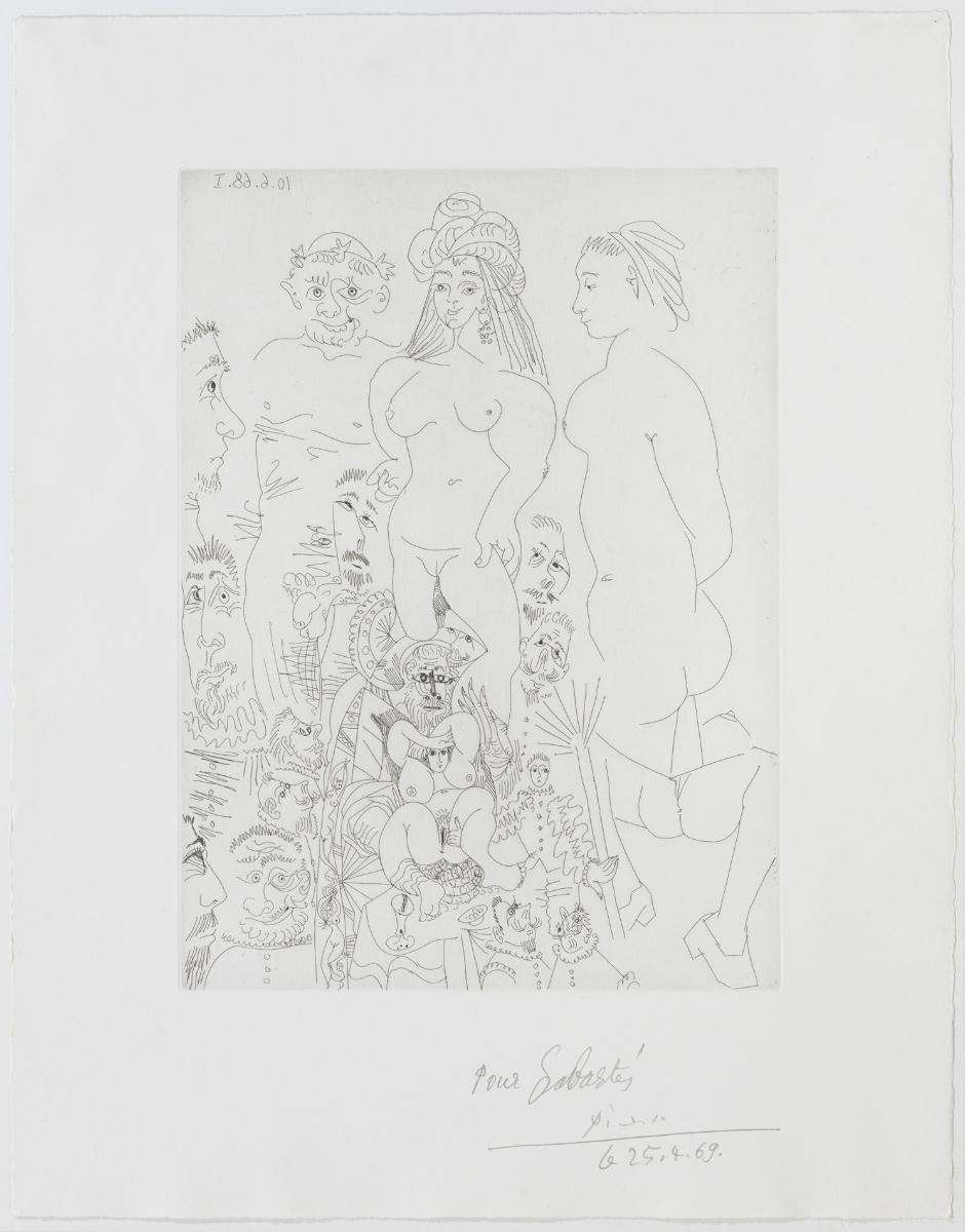 Orgía entre prostitutas, con espectadores sacados de "El entierro del conde de Orgaz"