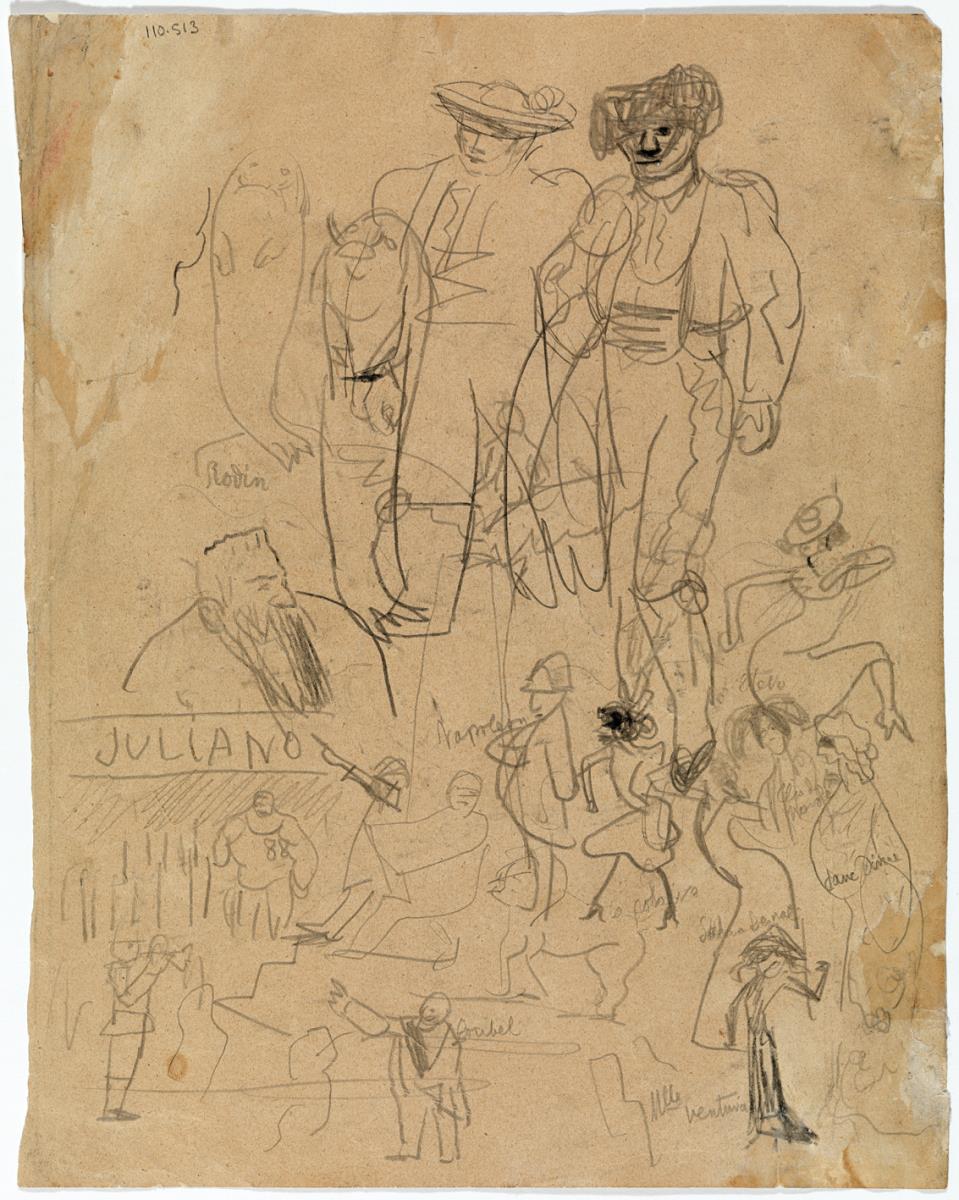 Bullfighter and Picador, Bust of Rodin, Copy of the Sculpture "One Step Forward" by Hans Lerche, and Various Caricatures