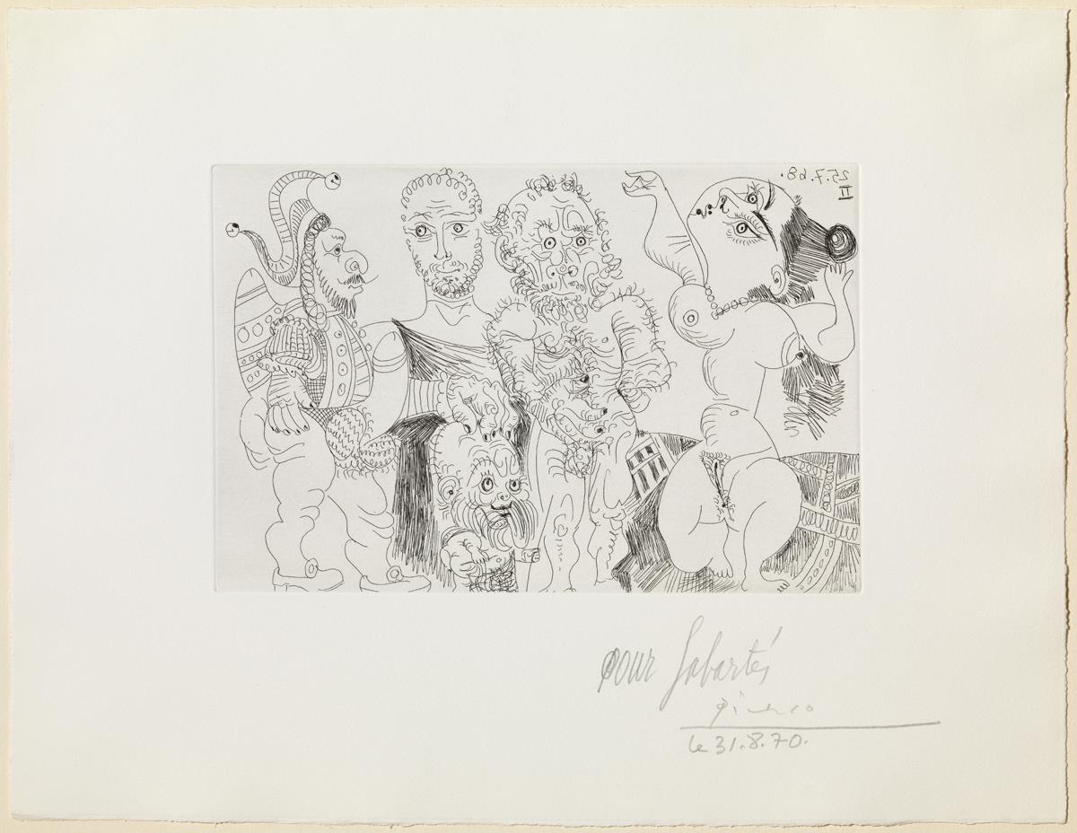 Polichinela y enano, romano y anciano, frente a una odalisca bailando