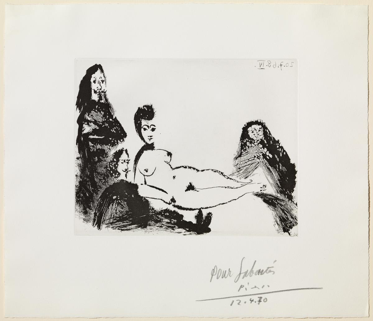 Jacqueline como maja desnuda, con la Celestina y dos mosqueteros