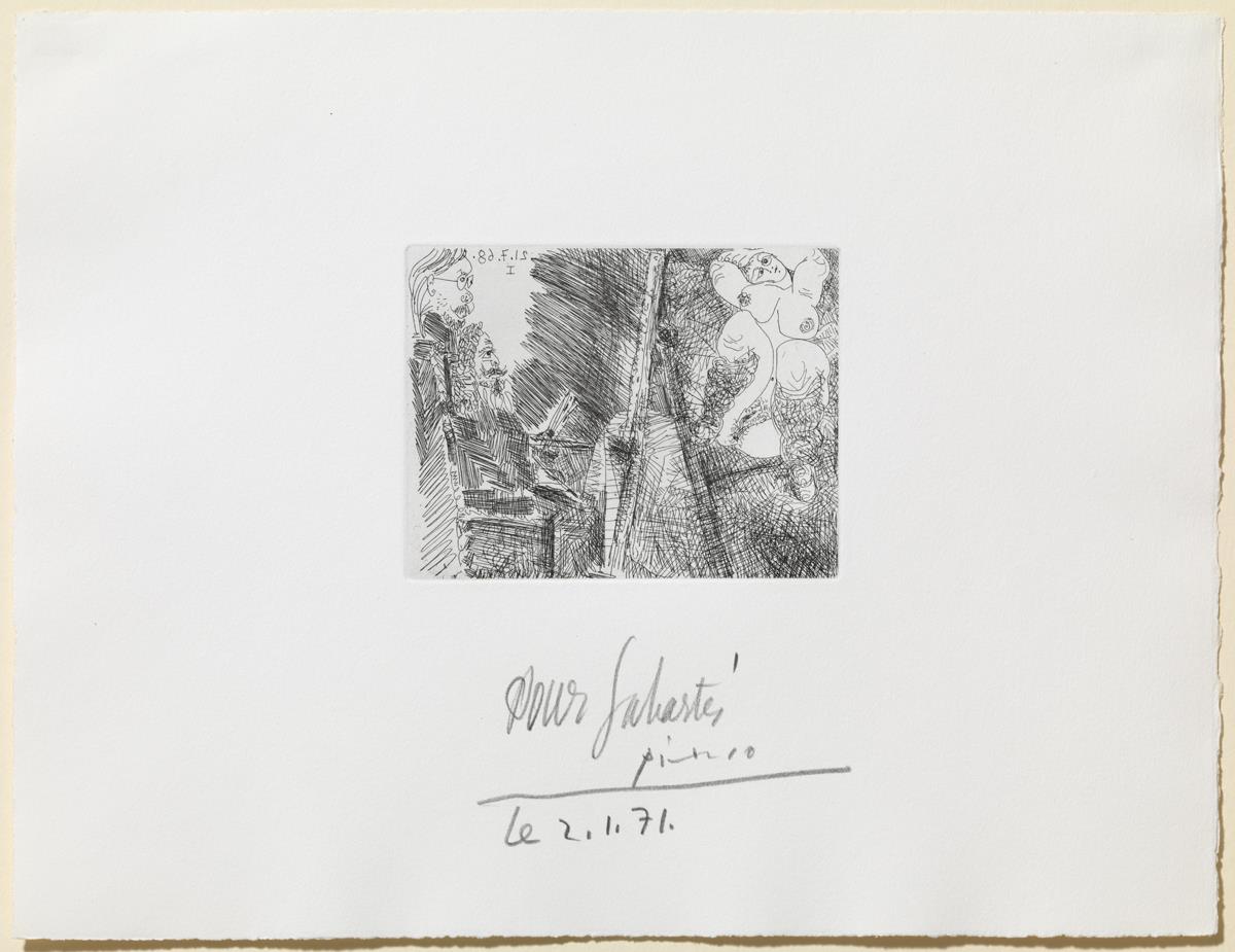 Pintor y modelo con calentadores de baile, y espectador