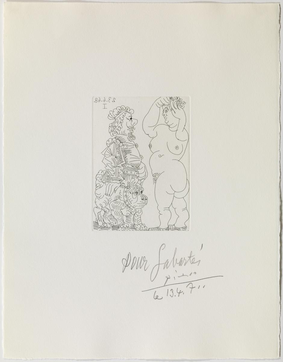 Fat Prostitute and a Fat Man with a Hat in the Rembrandt Style and French Bulldog