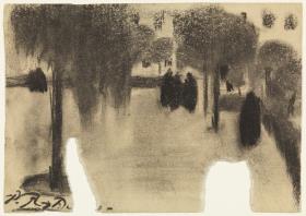 Figures en una plaça amb arbres