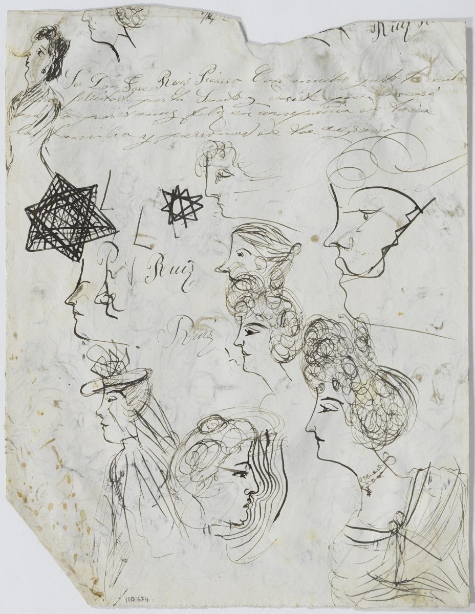 Estudi de caps, estels i anotacions manuscrites