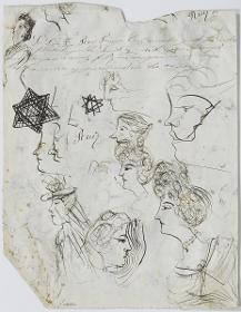 Estudio de cabezas, estrellas y anotaciones manuscritas
