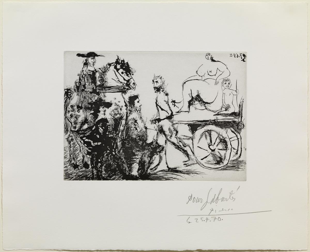 Don Quixote, Sancho and a Musketeer Watching Dulcinea Go by in a Cart Drawn by a Masked Man