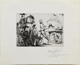 Don Quijote, Sancho y un mosquetero viendo pasar a Dulcinea en un carretón tirado por un hombre enmascarado