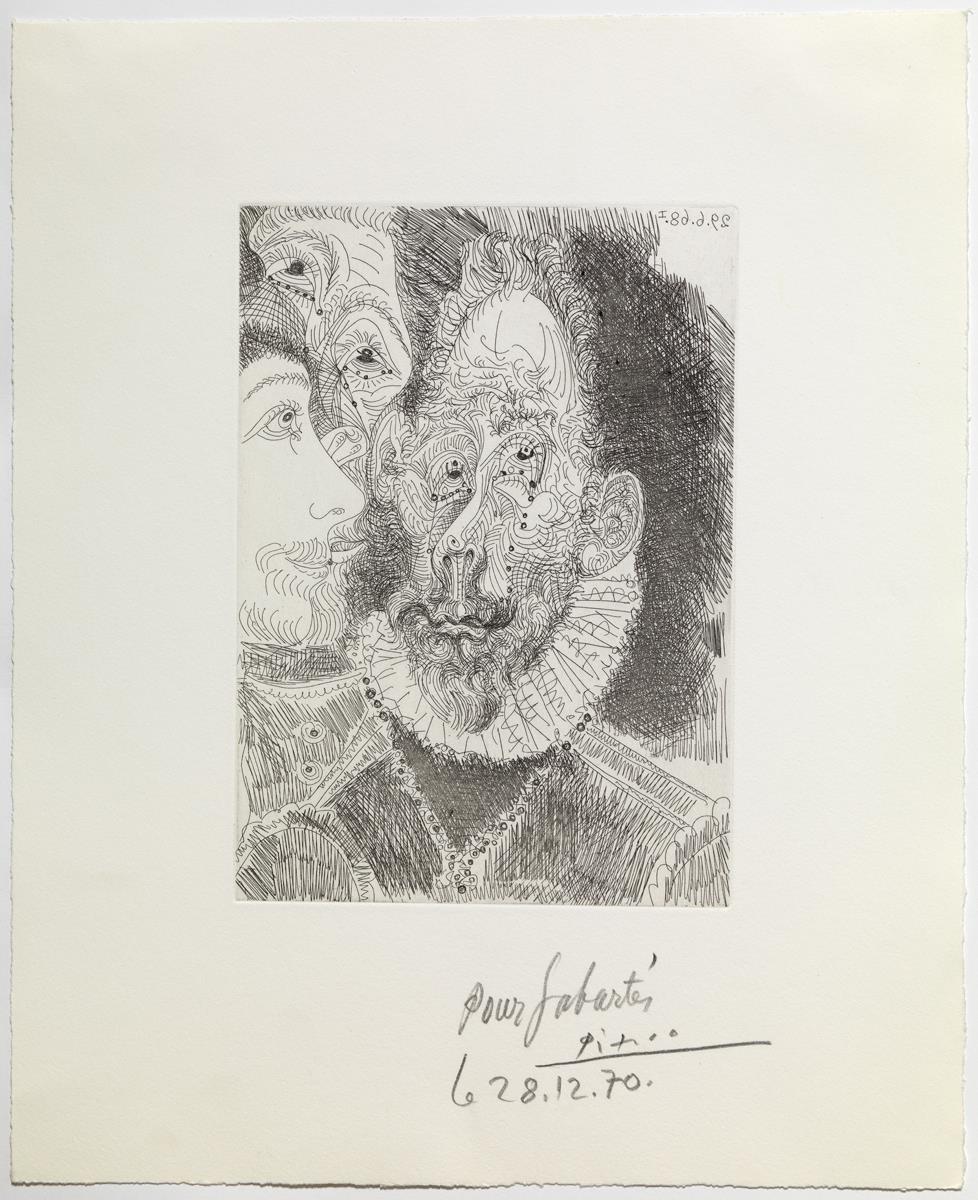 Retrat caricaturesc d'un dels personatges de "L'enterrament del comte d'Orgaz", plorant