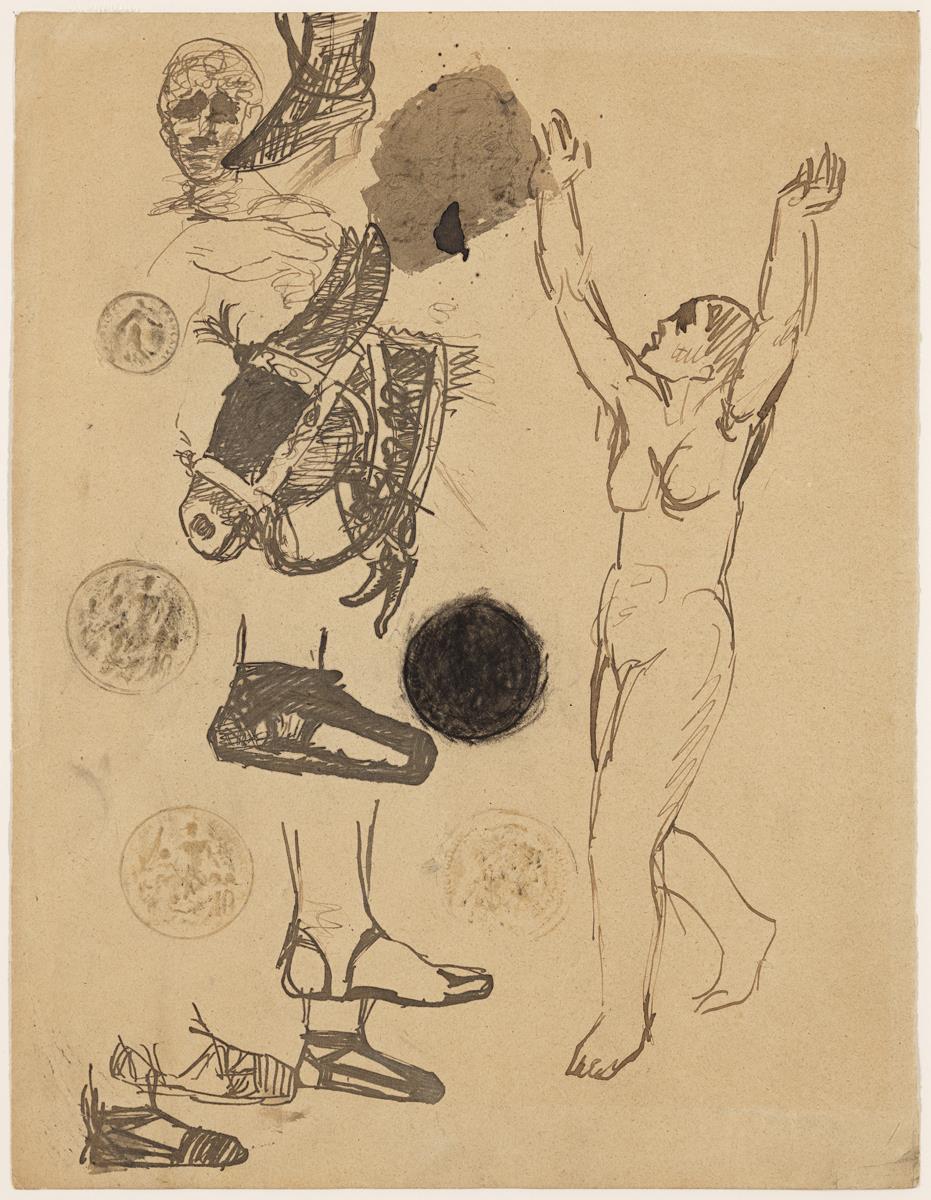 Dona nua, amb els braços enlairats cap al cel, implorant, i altres croquis