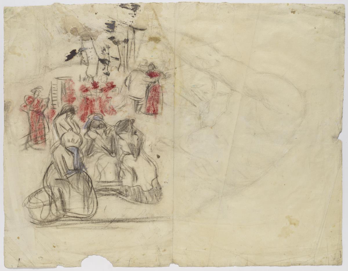 Mujeres llorando y escena callejera, y academia