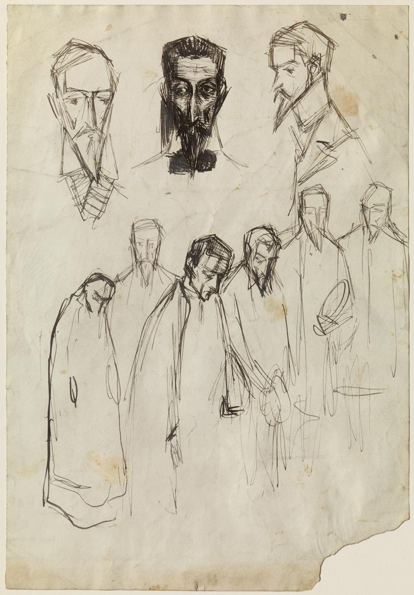 Tres caps grequians i grup d'homes tristos