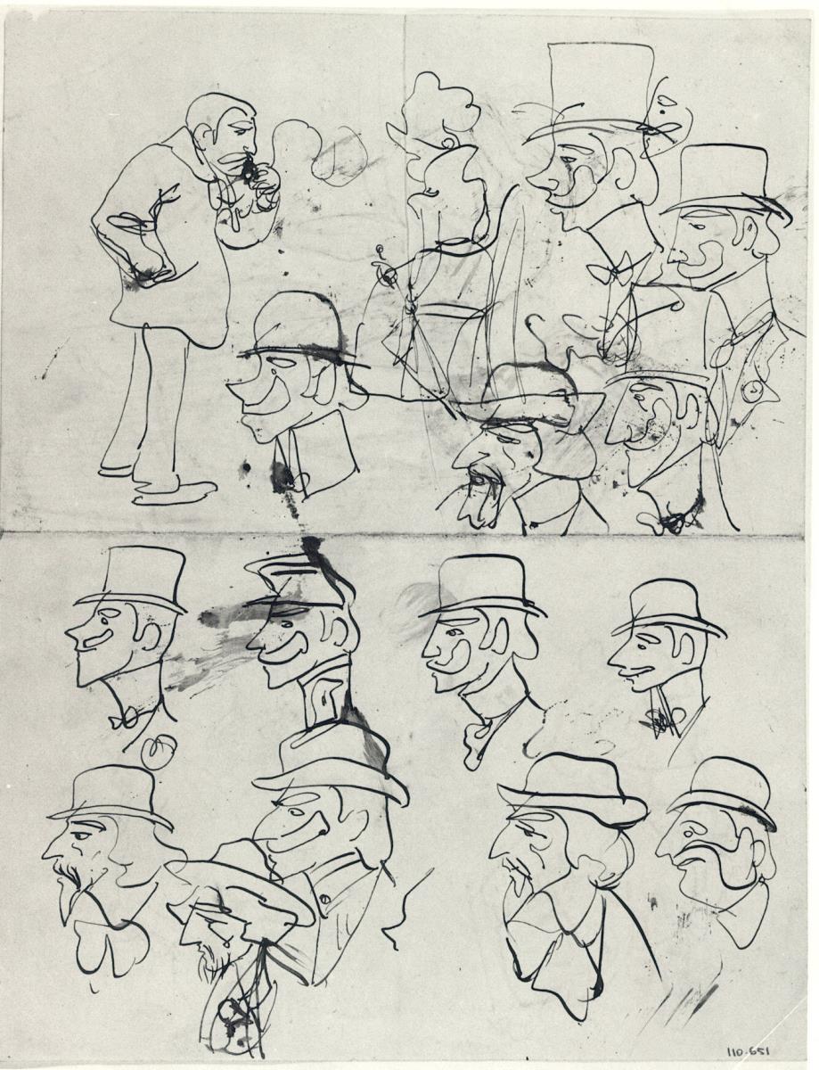 Diversos caps, de perfil, i personatges caricaturescs