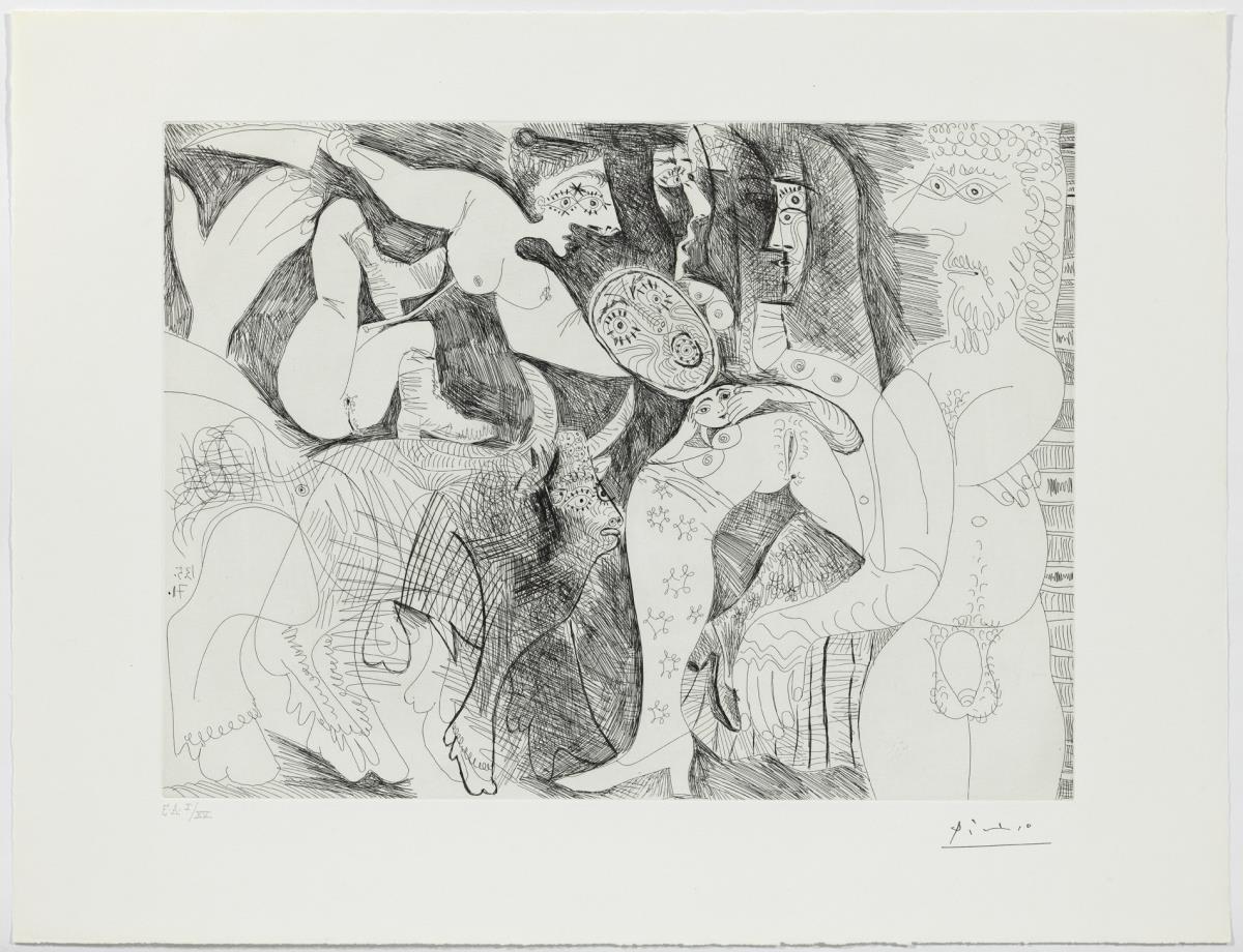 Time Passes. Amazon with a Cutlass Riding a Tame Bull, with Ringlets and Make-up, and Female Spectators