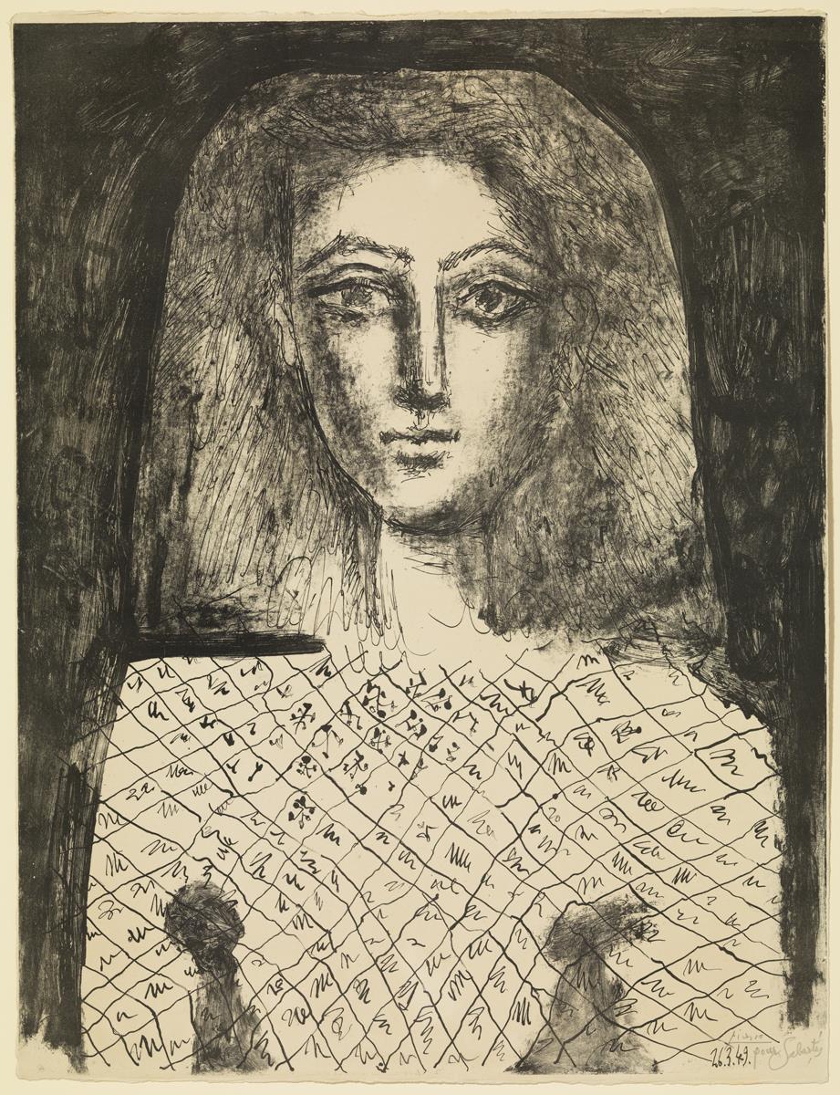 Busto de mujer con vestido a rombos