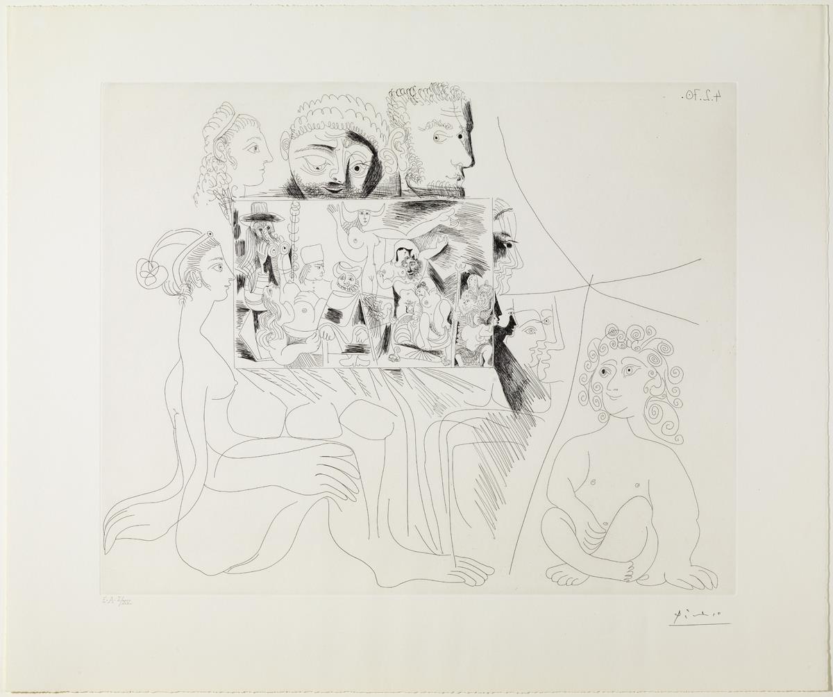 Pintura (autorretrato-adivinanza), con mujer, "putto" y espectadores
