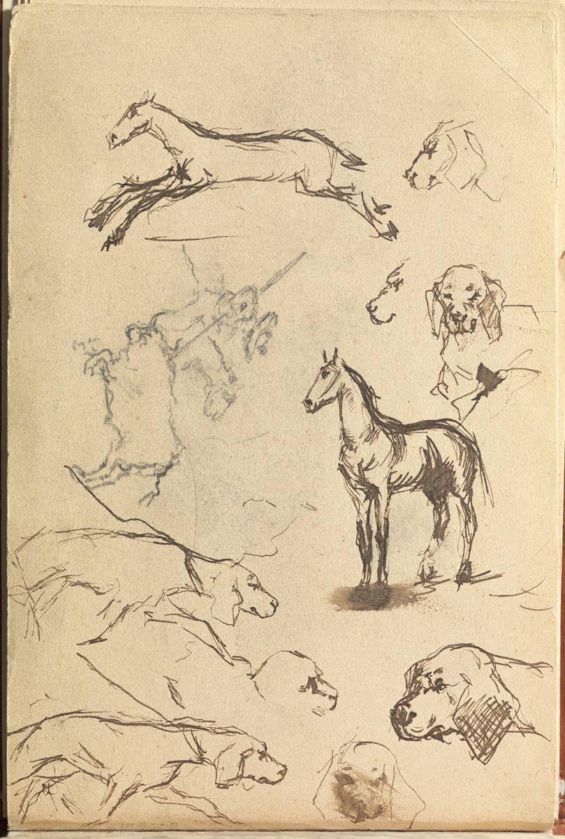 Estudios de perro, caballos y picador