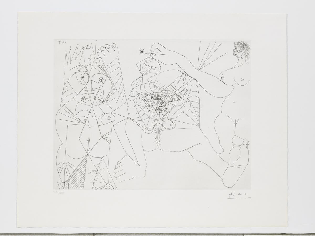 Recumbent Woman, Foreshortened, Teased by Two Other Women