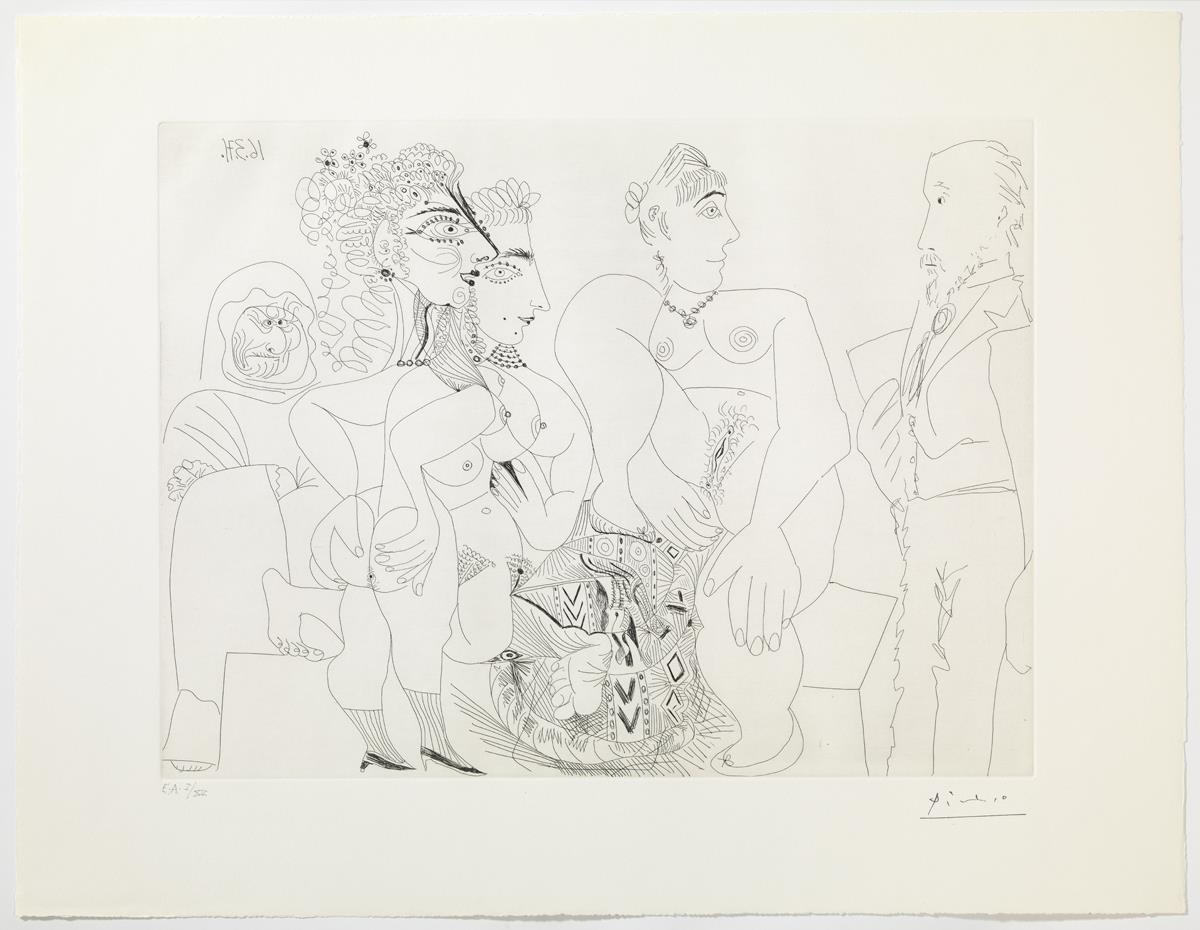 Burdel. Degas con su álbum, alcahueta, tres prostitutas y un puf marroquí