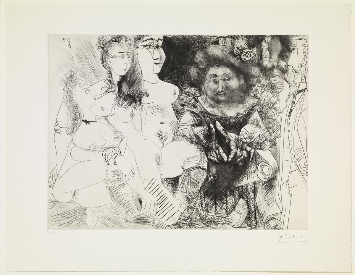 La dona que fa avortaments amb tres prostitutes. Degas amb les mans a l'esquena