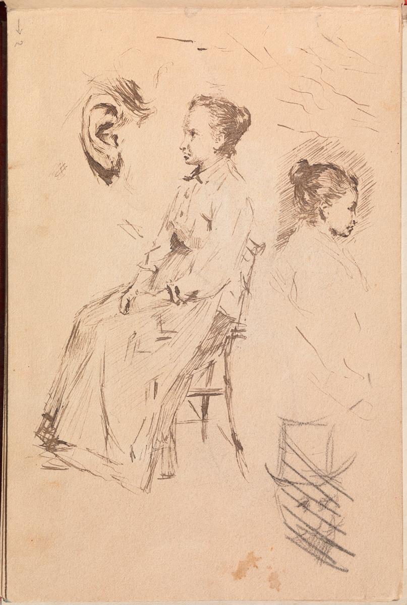 Mujer sentada y estudio de cabezas