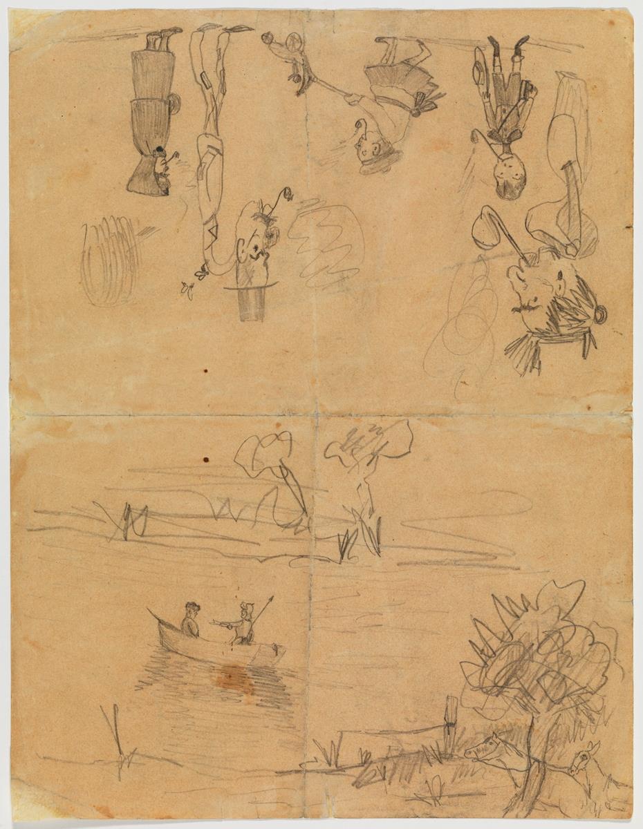 Apunte de Don Quijote y Sancho Panza navegando por un río