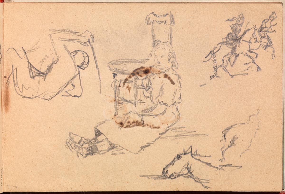 Lola, germana de l'artista, asseguda a terrra i altres croquis