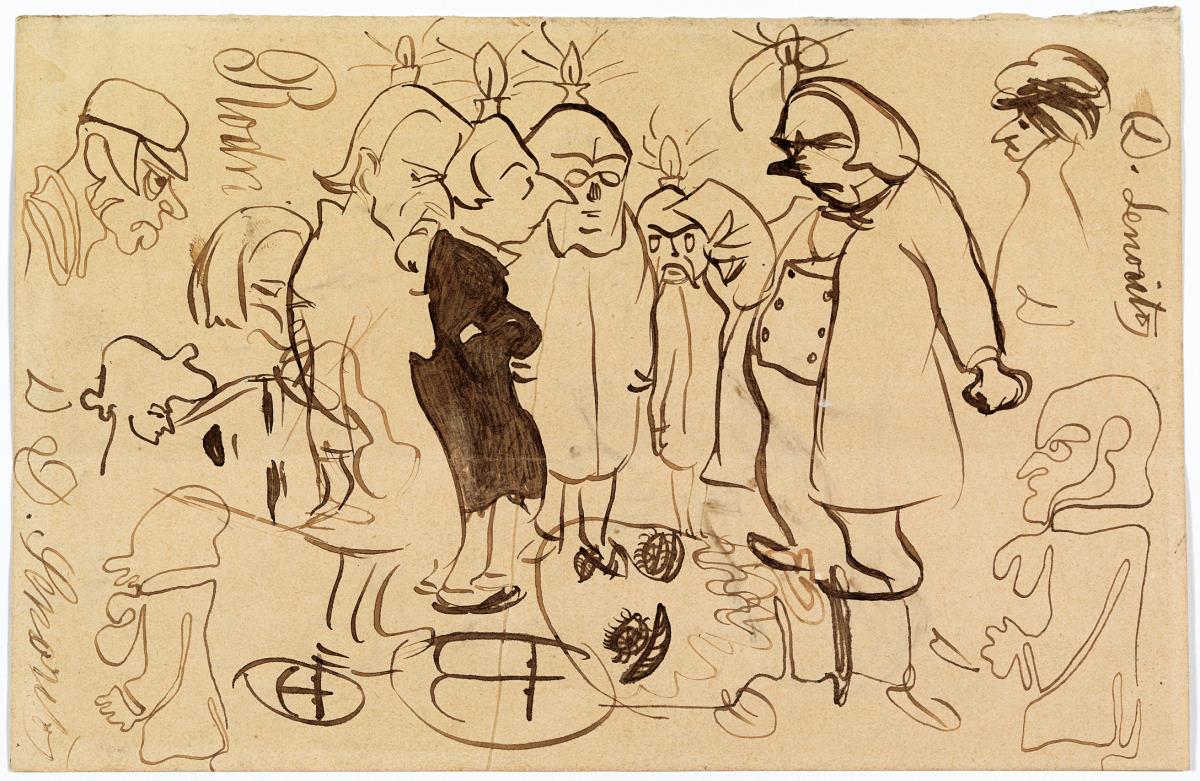 "Señoritos" (caricatures de personatges modernistes) i apunts diversos, alguns d'un sol traç