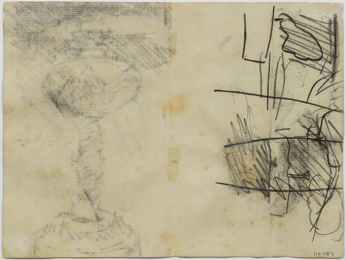 Pie de un quinqué y fragmento de paisaje