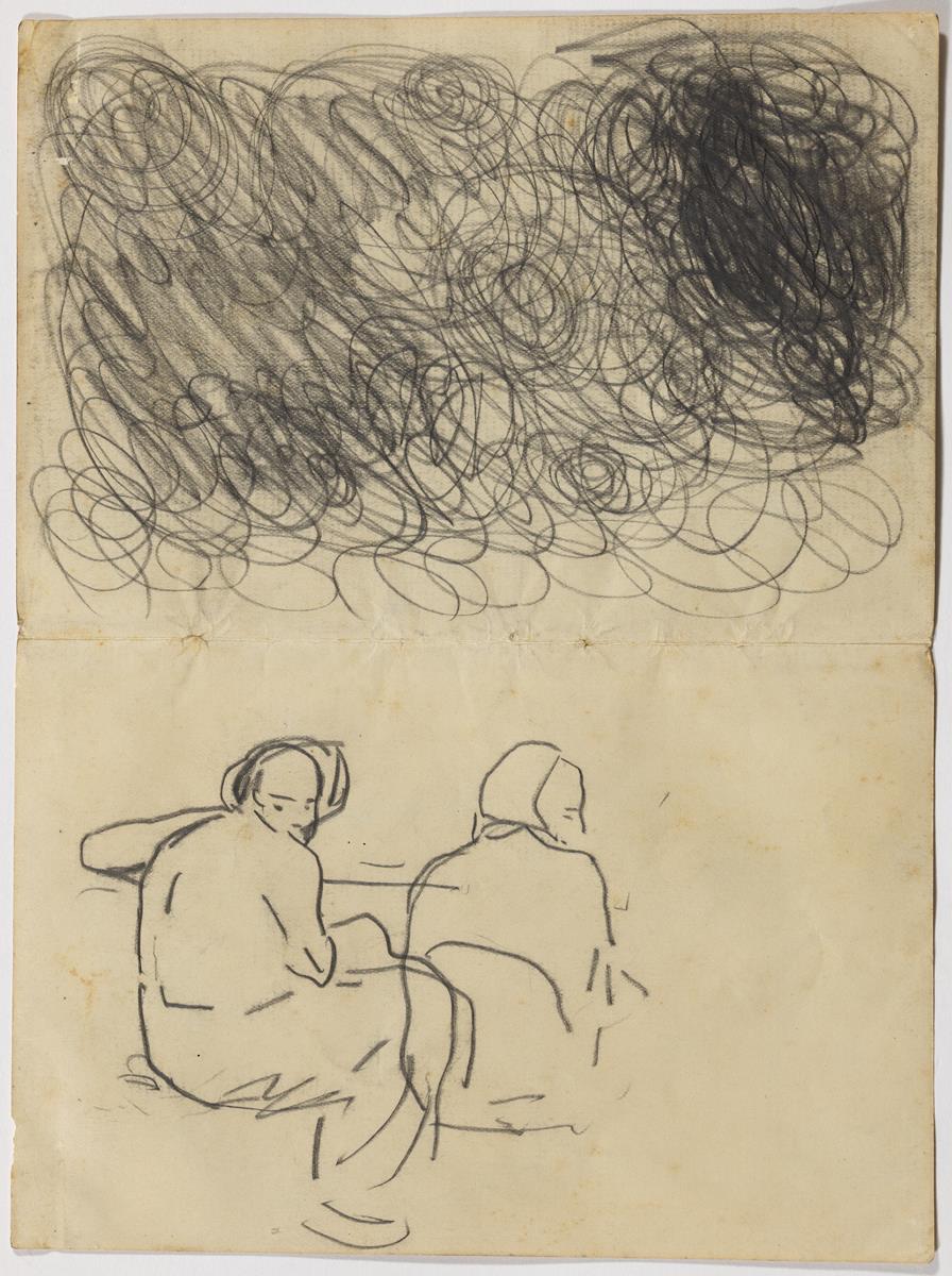 Dos personatges, asseguts d'esquena, i traços